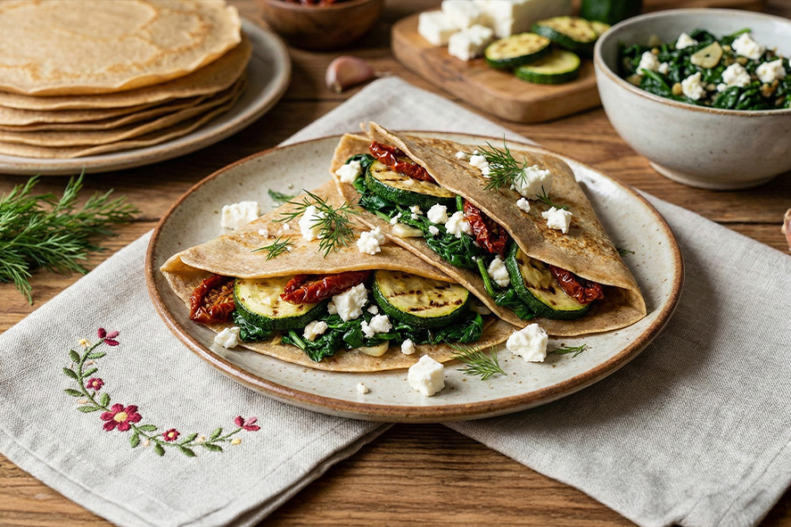 Wytrawne naleśniki z mąki orkiszowej ze szpinakiem, cukinią i suszonymi pomidorami
